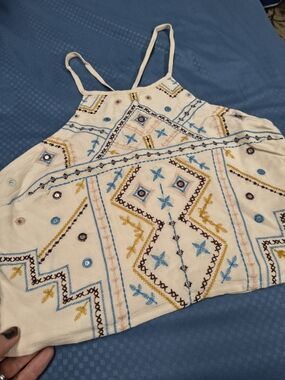 Xhilaration Cream Embroidered Boho Crop Tank with Blue & Mustard Accents